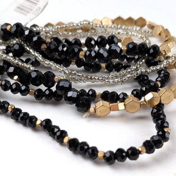 Set of 6 Black/Gold/Silver Beaded Stretch Bracelets - Picture 3 of 4